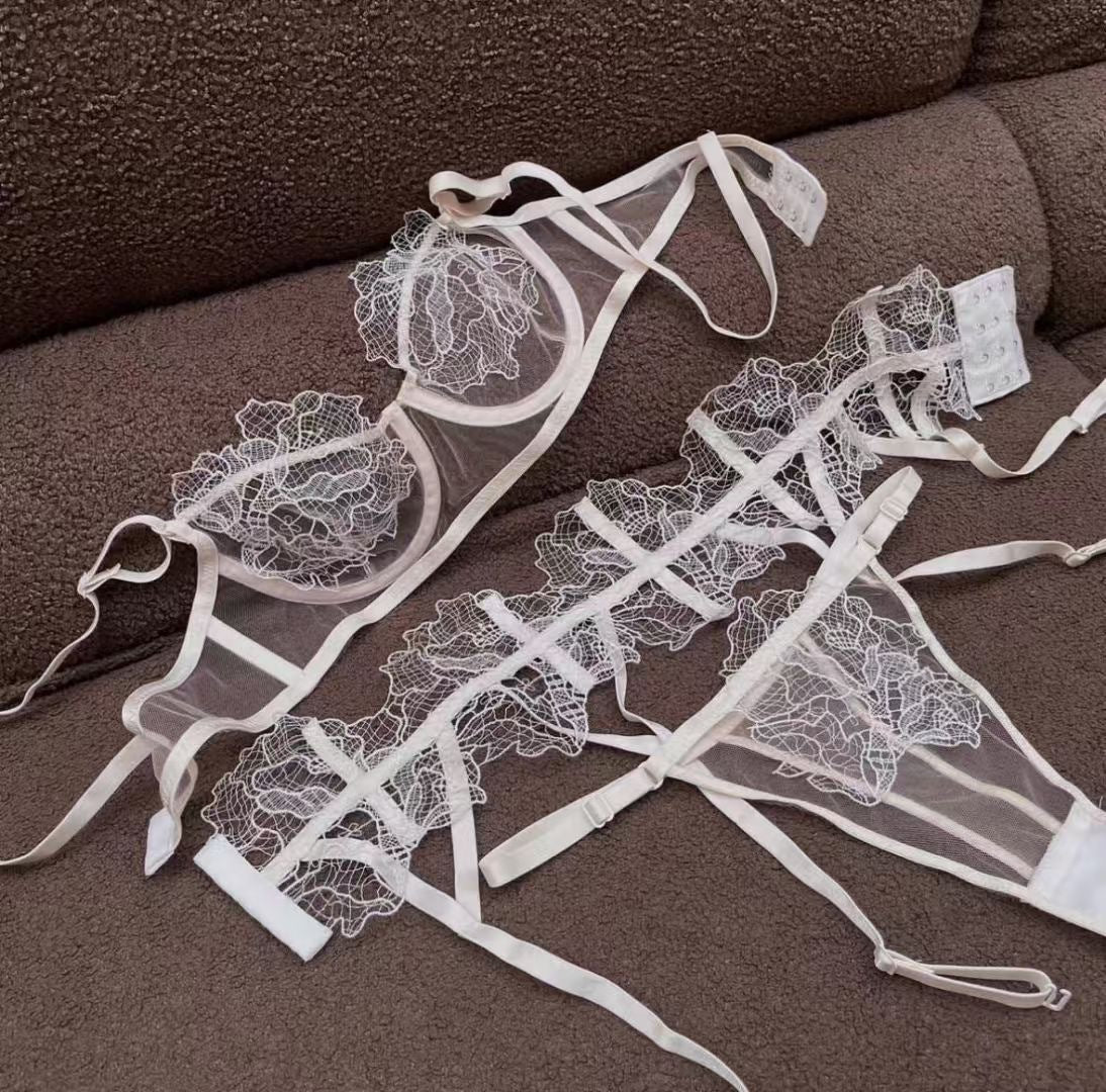 Sexy Sheer Embroidered Lace Lingerie Set – Ultra-Thin Bra & Garter 3-Piece