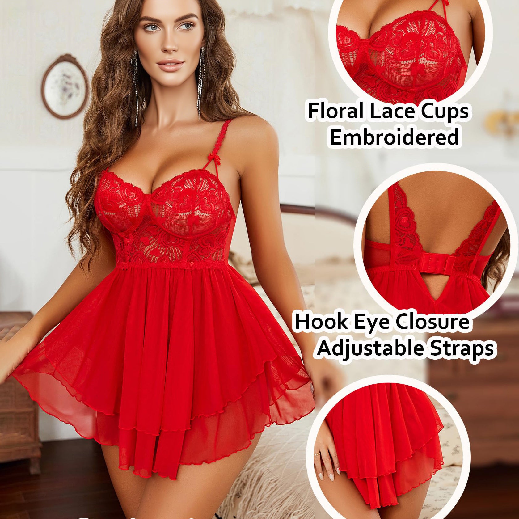 Plus Size Sexy Red Sheer Lace Mesh Cami Nightdress with Thong – Ultra-Thin Sleepwear