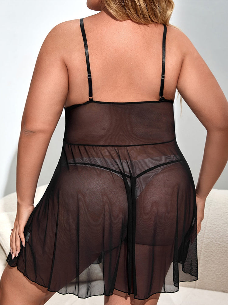 Plus Size Sheer Lace Babydoll Dress Set