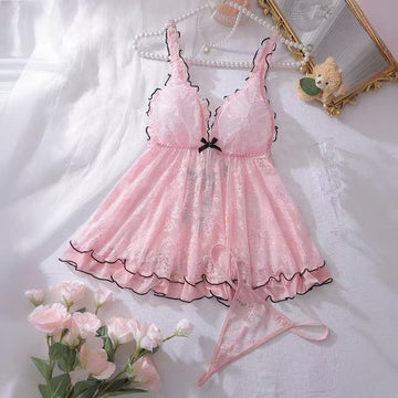Pure Desire Sexy Pink Lace Lingerie Set with Bow Sleepwear
