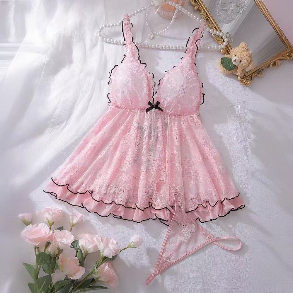 Pure Desire Sexy Pink Lace Lingerie Set with Bow Sleepwear