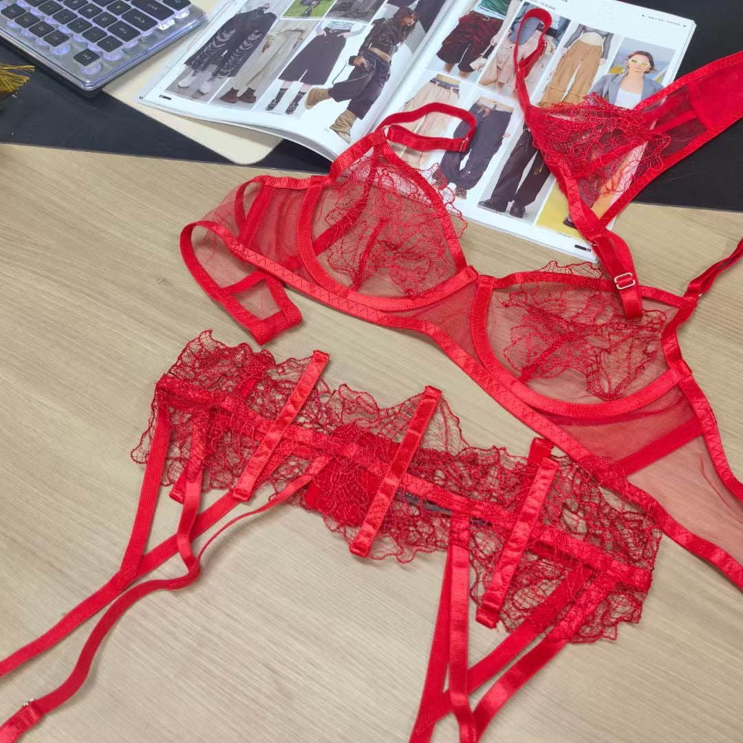 Sexy Sheer Embroidered Lace Lingerie Set – Ultra-Thin Bra & Garter 3-Piece