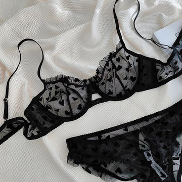 Sheer Lace Lingerie Set with Heart Print
