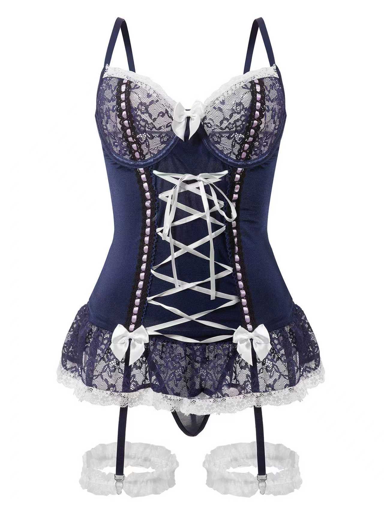 Sexy Mesh Maid Lingerie Set – Backless Sheer Bodysuit with Garter Straps