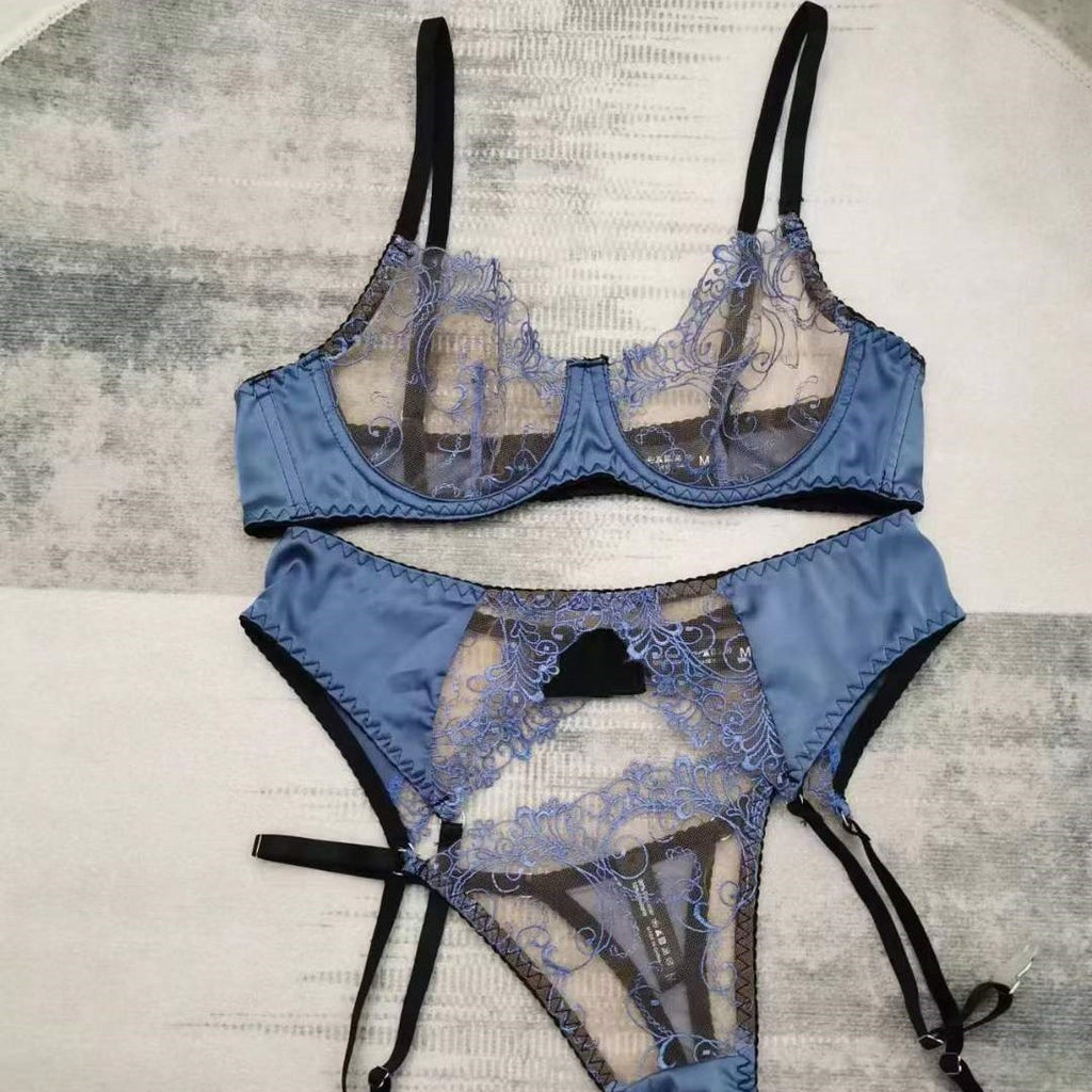 French Sexy Lace Bra Set with Garter – Ultra-Thin Sheer Design for Full Bust Support