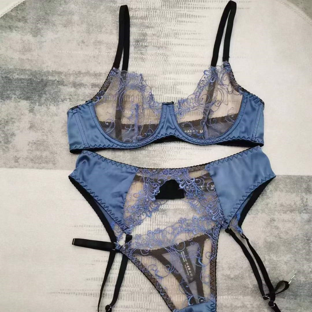 French Sexy Lace Bra Set with Garter – Ultra-Thin Sheer Design for Full Bust Support