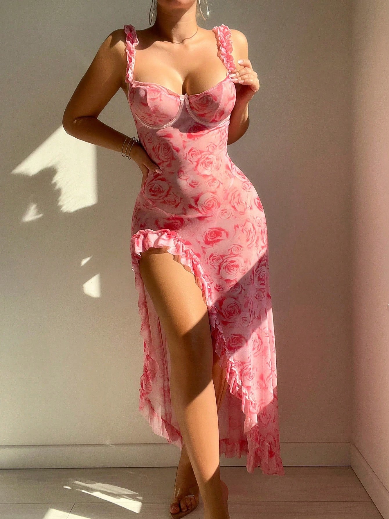 Floral Slit Camisole Lingerie Dress – Sexy Fall 2025 Trendy Nightwear