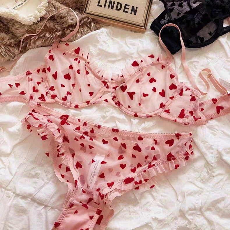 Sheer Lace Lingerie Set with Heart Print – Ultra-Thin Bra for Full Bust Support