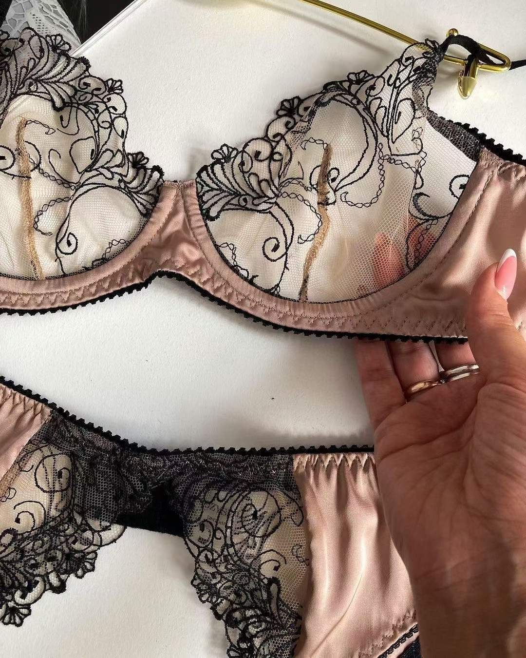 French Sexy Lace Bra Set with Garter – Ultra-Thin Sheer Design for Full Bust Support