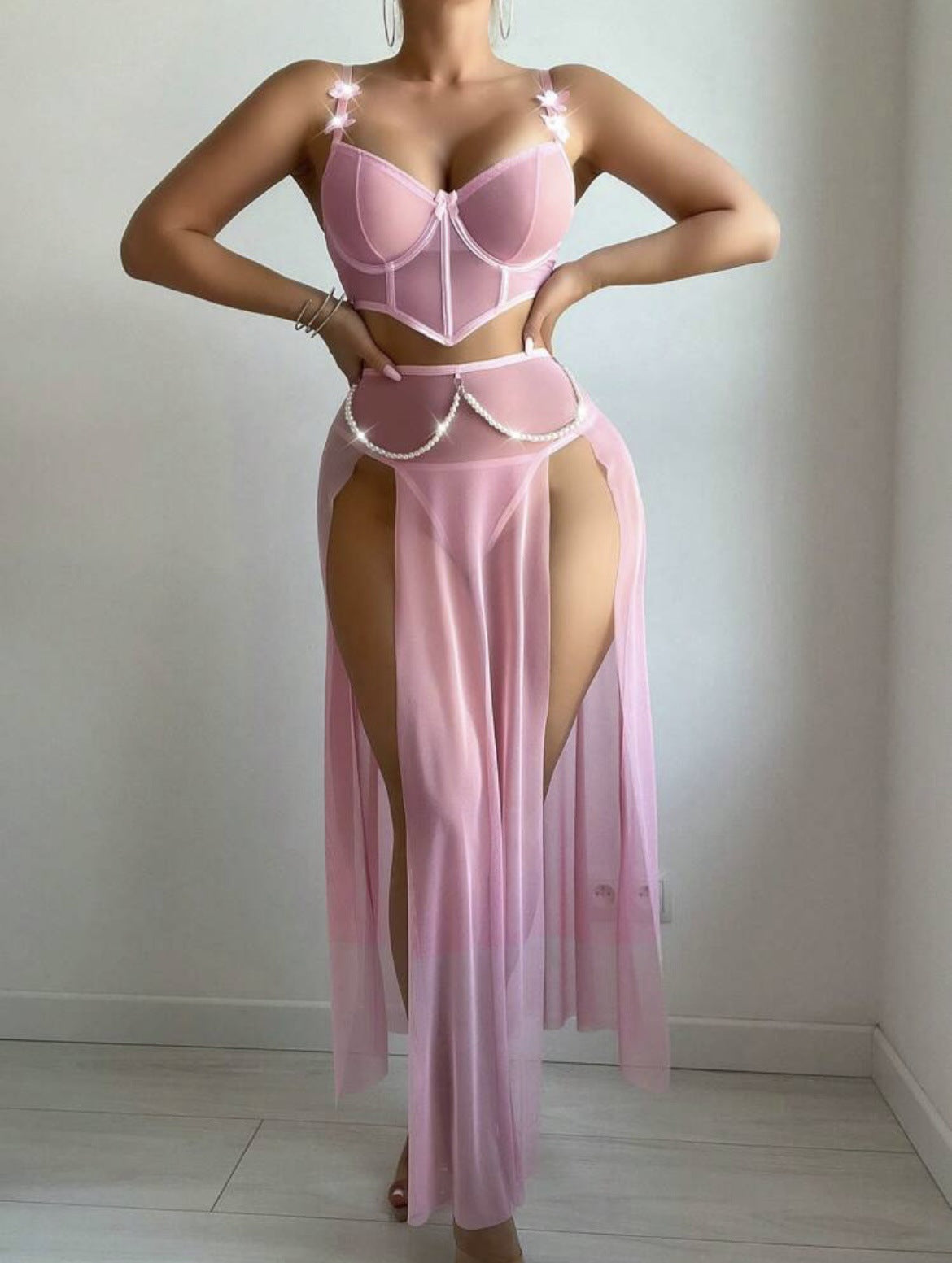 Sexy Sheer Mesh Lingerie Dress – Pearl Chain Exotic Babydoll