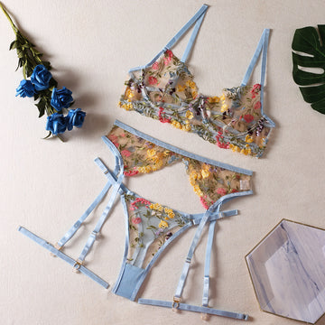 【Buy 1 Get 1 Free】Sheer Yellow Floral Lingerie Set