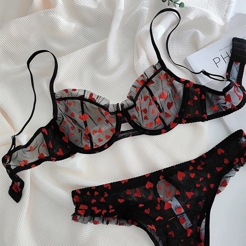 Sheer Lace Lingerie Set with Heart Print – Ultra-Thin Bra for Full Bust Support