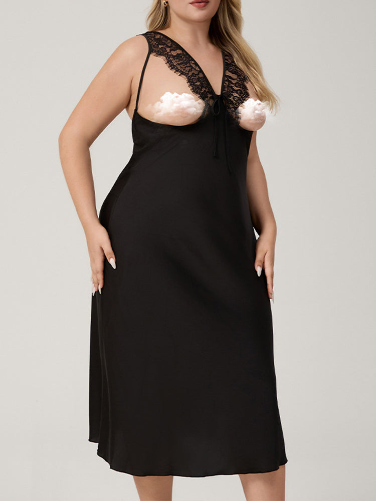 Plus Size Lace Cutout Satin Long Nightdress