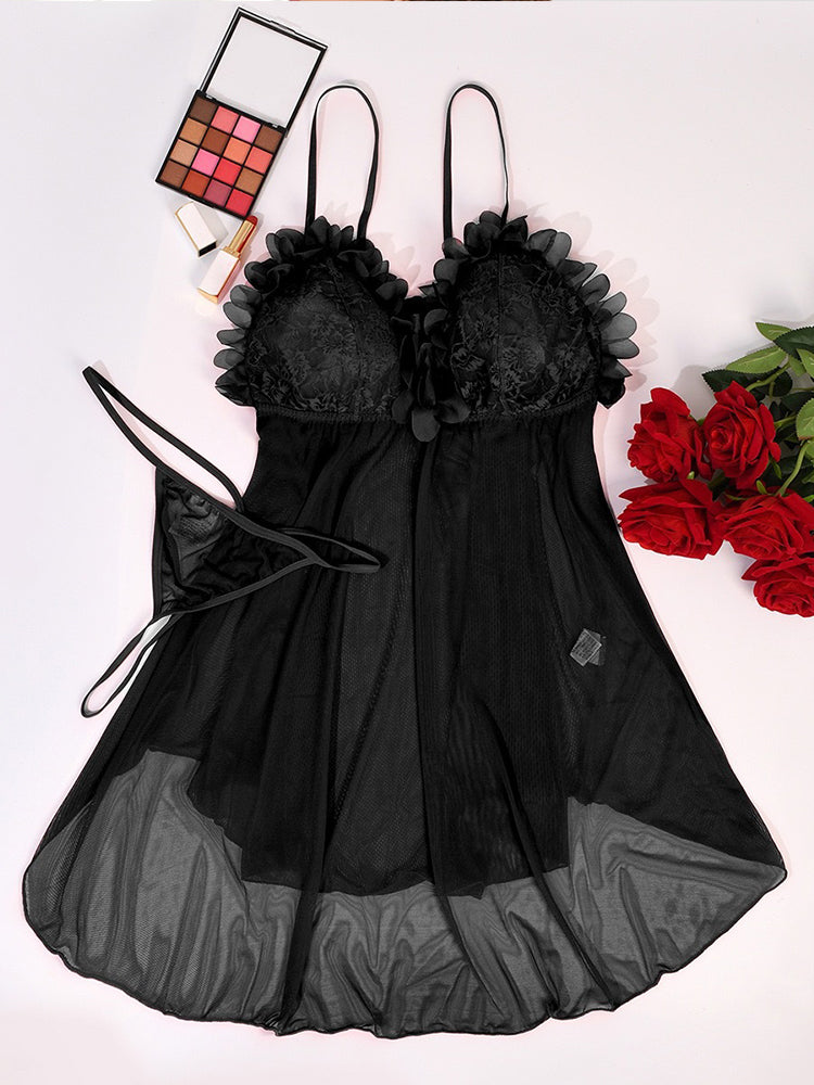 Plus Size Floral Mesh Babydoll Chemise Set