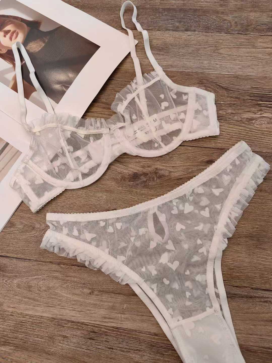 Sheer Lace Lingerie Set with Heart Print – Ultra-Thin Bra for Full Bust Support