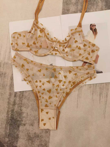 Sheer Lace Lingerie Set with Heart Print