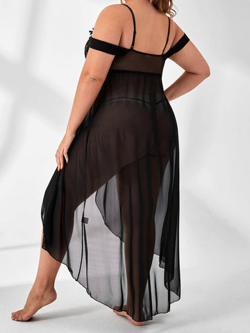 Plus Size Sheer Lace Bow Strap Maxi Gown – Split Mesh Sleepwear Dress