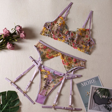 【Buy 1 Get 1 Free】Sheer Yellow Floral Lingerie Set