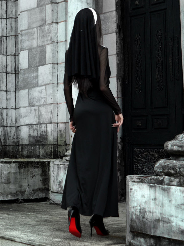 Halloween Gothic High-Slit Maxi Costume Dress Set