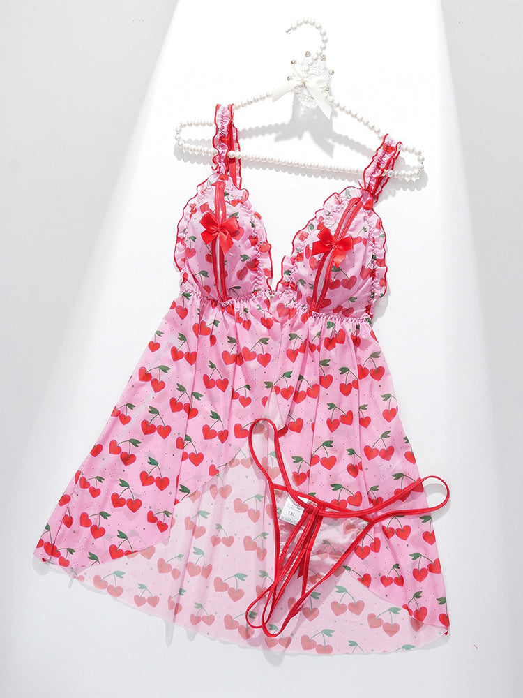 Plus Size Cherry Heart Print Open-Front Babydoll Set