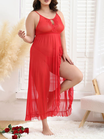 Plus Size Sheer Mesh Split Maxi Gown – Deep V Lace Trim Sleepwear