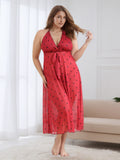 Plus size polka dot sheer mesh halter maxi dress with tie-back and off-shoulder sleeves