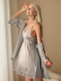 Lace deep V backless babydoll sleep dress with matching satin robe
