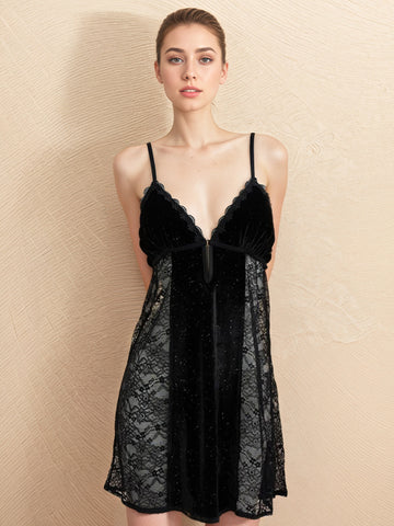Plus size velvet lace cami sleep dress with detachable padding for women