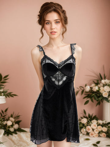 Velvet lace deep V babydoll chemise with padded cups and sheer mesh panels for women