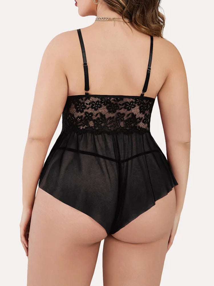 Plus Size Floral Lace Ruffle Teddy Bodysuit