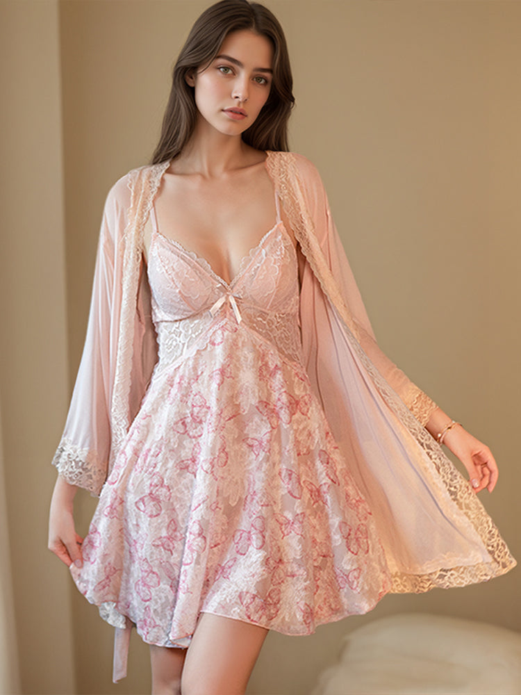 Floral Lace Babydoll Robe Set with Padding