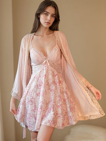 Floral Lace Babydoll Robe Set with Padding