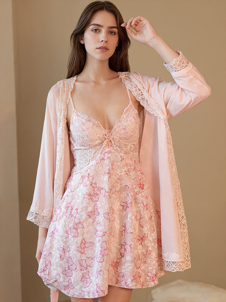 Floral lace chiffon babydoll robe set with built-in padding in pink