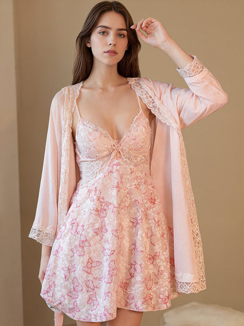 Floral lace chiffon babydoll robe set with built-in padding in pink