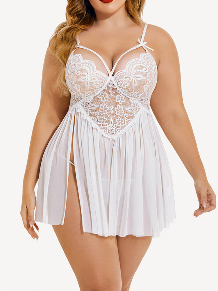 Plus Size Lace Mesh Side Slit Babydoll Set