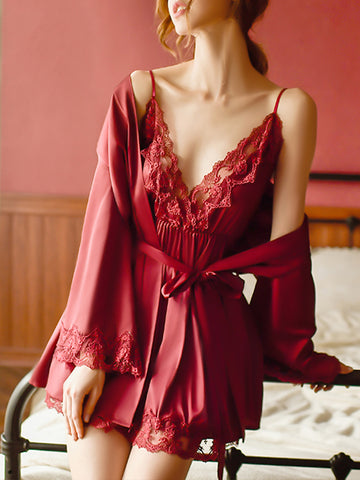 Lace Deep V Backless Babydoll & Robe