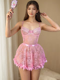Sexy pink lace lingerie dress set with sheer babydoll nightdress and matching thong, Lolita-inspired cute yet seductive style