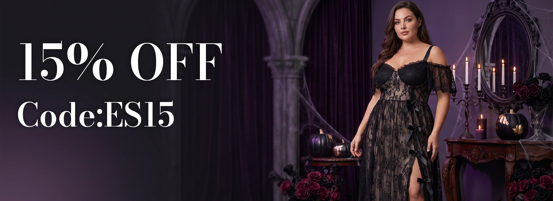 Plus size Halloween lingerie model wearing black lace in a gothic setting