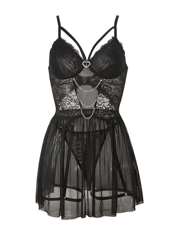 Heart Lace Mesh Babydoll Set