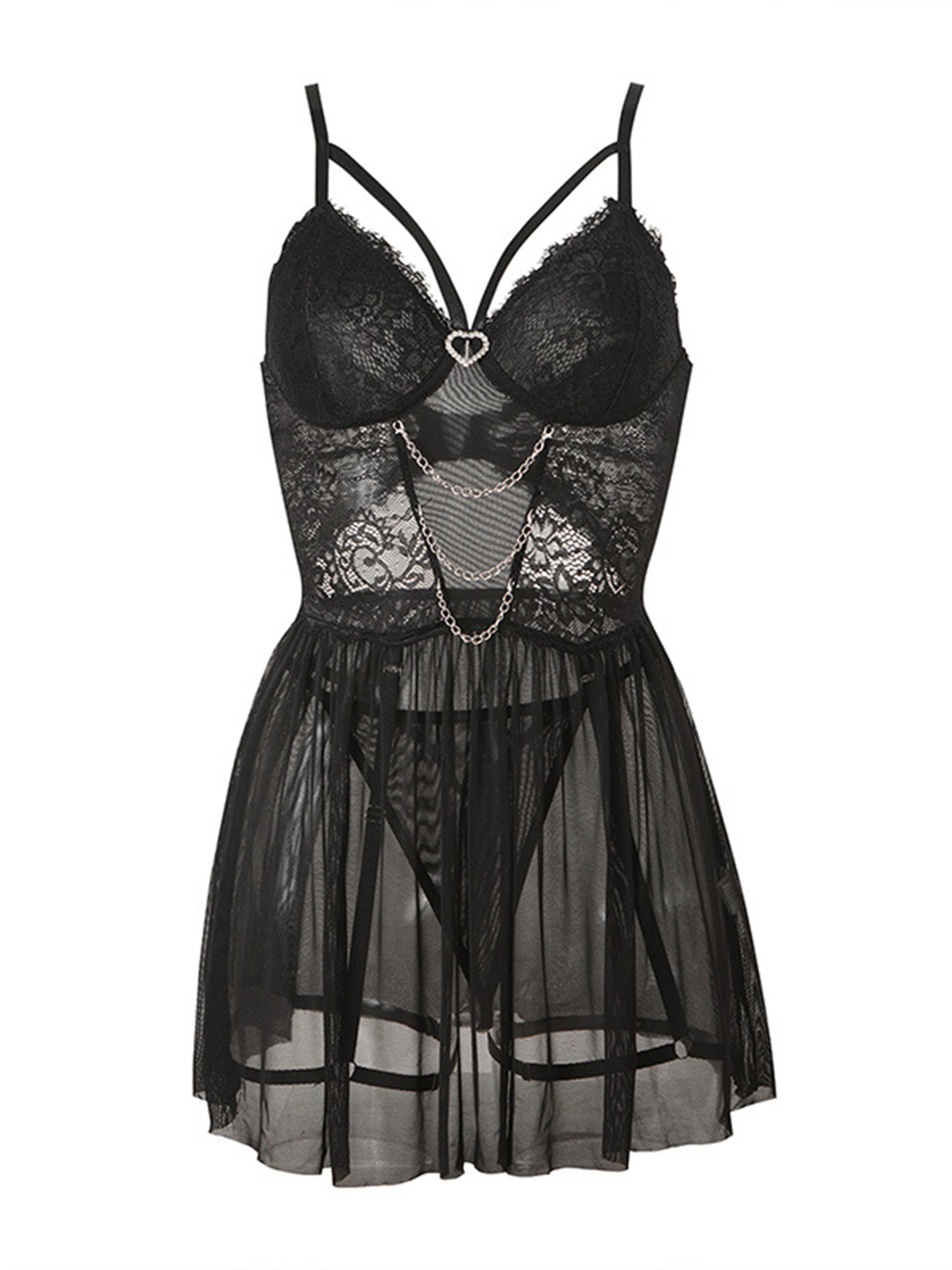 Heart Lace Mesh Babydoll Set