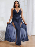 Floral lace mesh maxi nightgown with deep V neckline and side slits for women