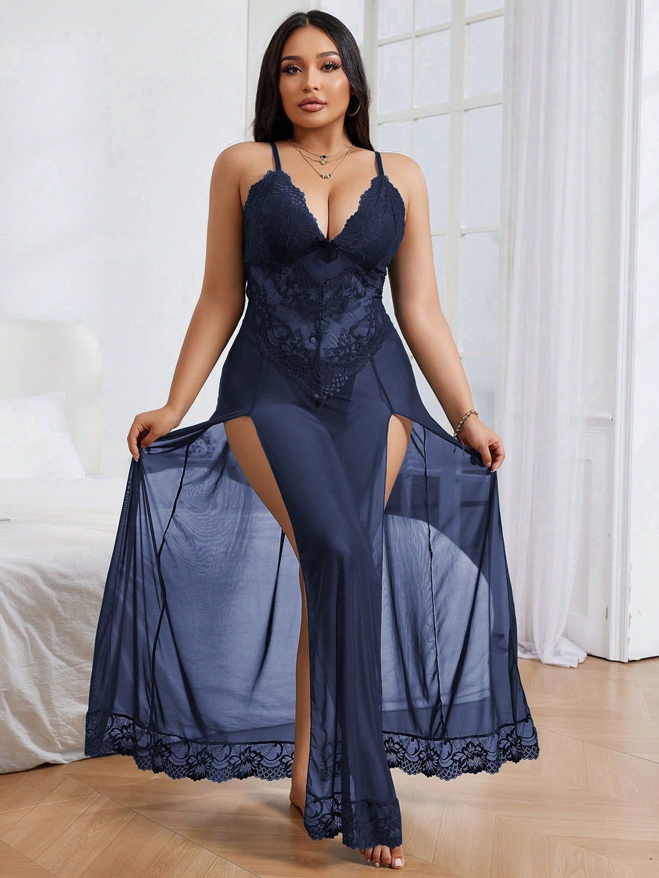 Floral lace mesh maxi nightgown with deep V neckline and side slits for women