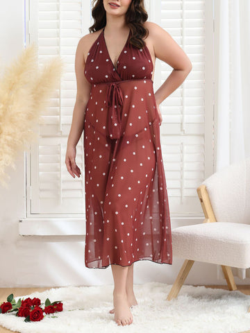 Plus Size Halter Tie Back Maxi Dress – Sheer Polka Dot Mesh Off-Shoulder Set