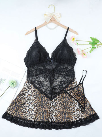 Plus Size Leopard Mesh Slip Dress – Lace Patchwork Sheer Nightwear