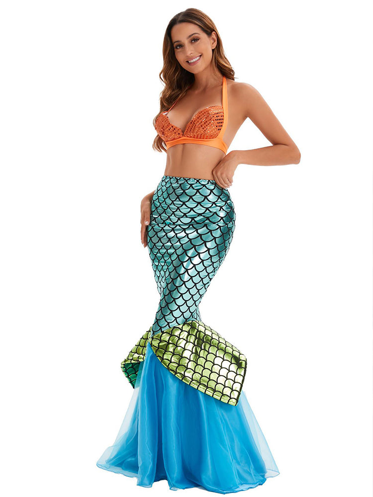 Aqua blue mermaid scale Halloween costume with orange halter top and flowing blue fishtail skirt