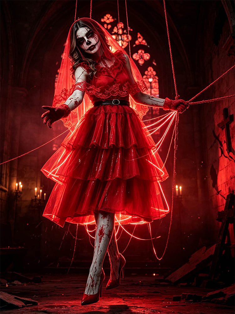 Woman wearing a red tiered mesh Halloween bride costume dress with lace veil and gloves