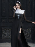 Woman wearing a black gothic high-slit maxi costume dress with veil, cross stockings, and accessories