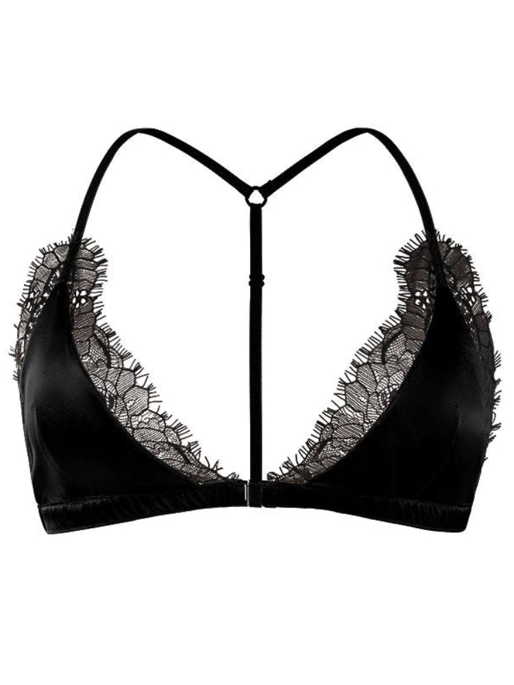 Front view of a black silk triangle bra featuring floral eyelash lace trim, a center front clasp, and slender straps.