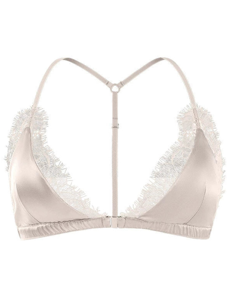 Front view of an champagne silk triangle bra with delicate lace edging, a deep V neckline, and a center front clasp.
