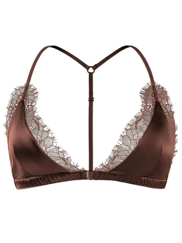 Front view of a chestnut brown silk triangle bra featuring scalloped eyelash lace, smooth cups, and a center front clasp.
